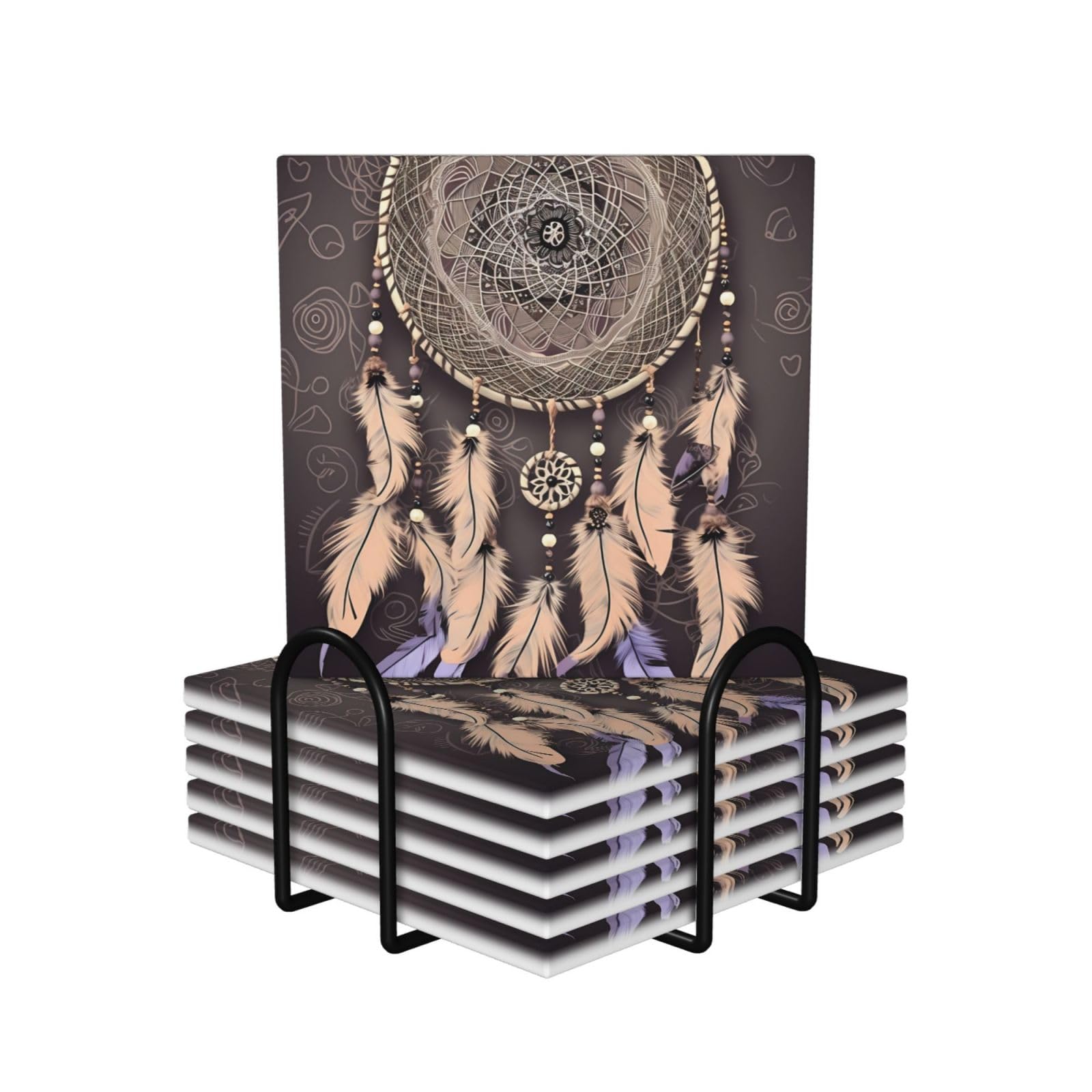 Dessous de verre attrape-rêves en céramique premium et liège anti-rayures - Lot de 6 haut de gamme