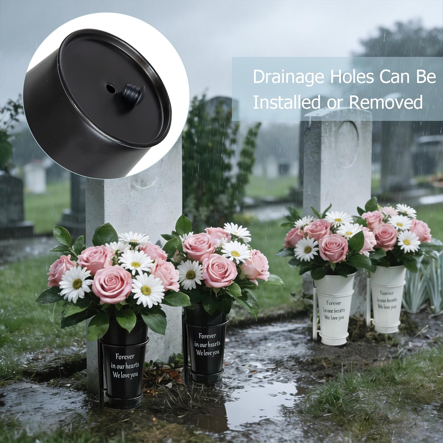 Cemetery Vases with Spikes, Metal Grave Flowers Holder with Draining Holes for Artificial Memorial Flowers Funeral Gravesite Headstone Decorations (4Pcs), Flowers are not Included