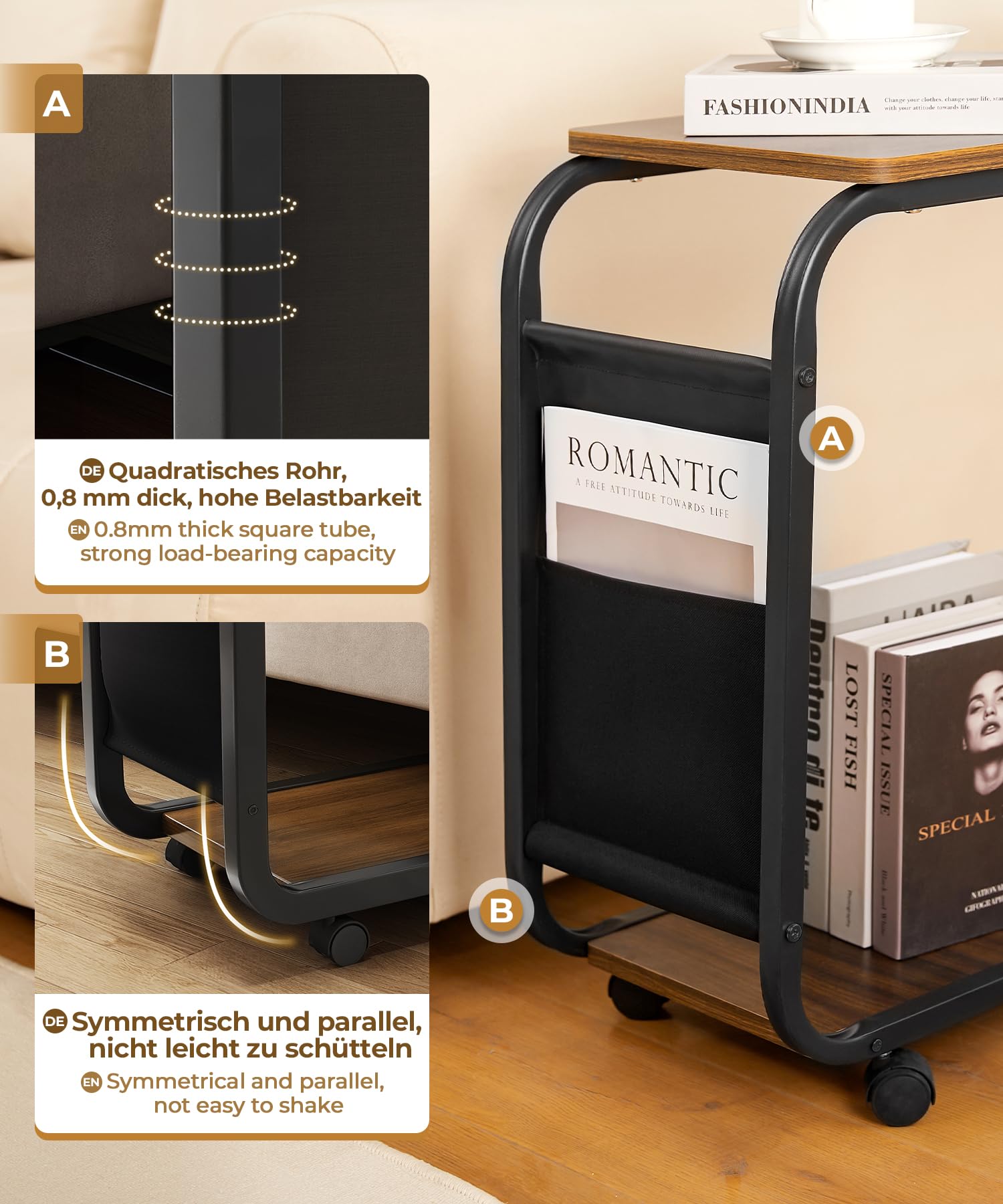 Yorbay Tavolino in legno, divano con ruote e custodia, tavolino portatile a forma di C con struttura in metallo, 46 x 30 x 62 cm, tavolino da salotto, caffè e computer portatile