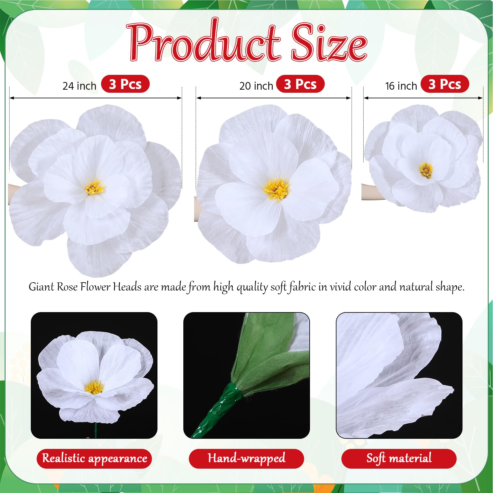 Norme - 3 pezzi di fiori bianchi giganti in carta artificiale, petali di rosa bianca, 40, 50, 60 cm, per matrimonio, San Valentino, compleanno, camera nuziale, sfondo per feste, decorazioni per