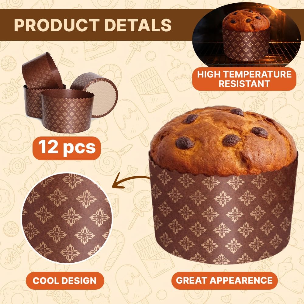 12oz Kulich Mold Paska Easter Bread Forms |12 pcs| Bread Paper Mold - Non Stick Panettone Paper Baking Molds Universal Brown Design