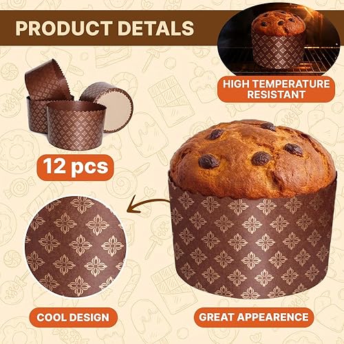 Miniatura 4 de Molde Kulich de 12 onzas para pan de Pascua Paska | 12 piezas | Molde de papel para pan – Moldes de papel panettone antiadherente marrón universal –