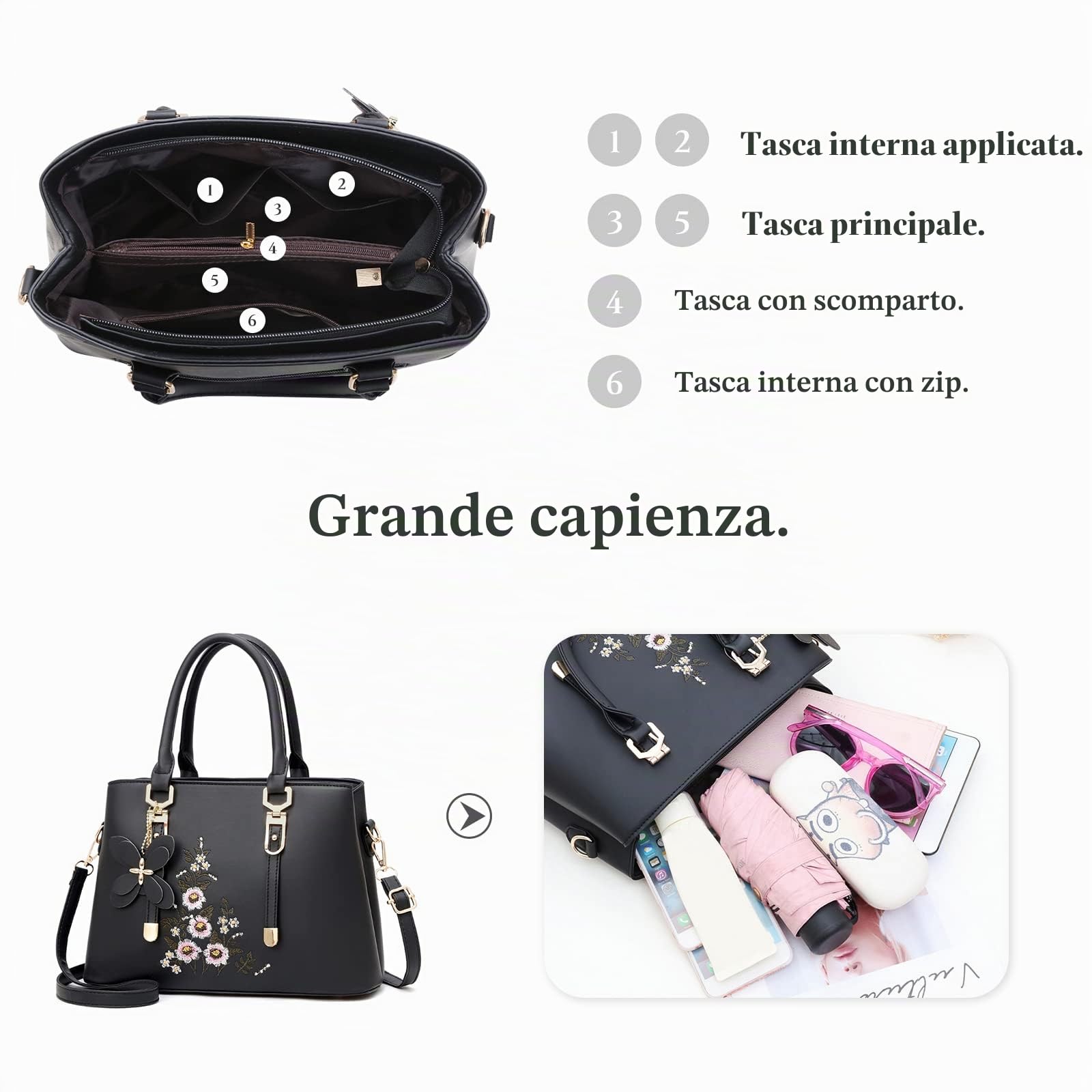 FANDARE Borse a Mano Ricamata Borse a Spalla da donna Impermeabile Borse a Tracolla PU Pelle Borse Tote Borse Messenger per Shopping Viaggio Lavoro Incontri Verde