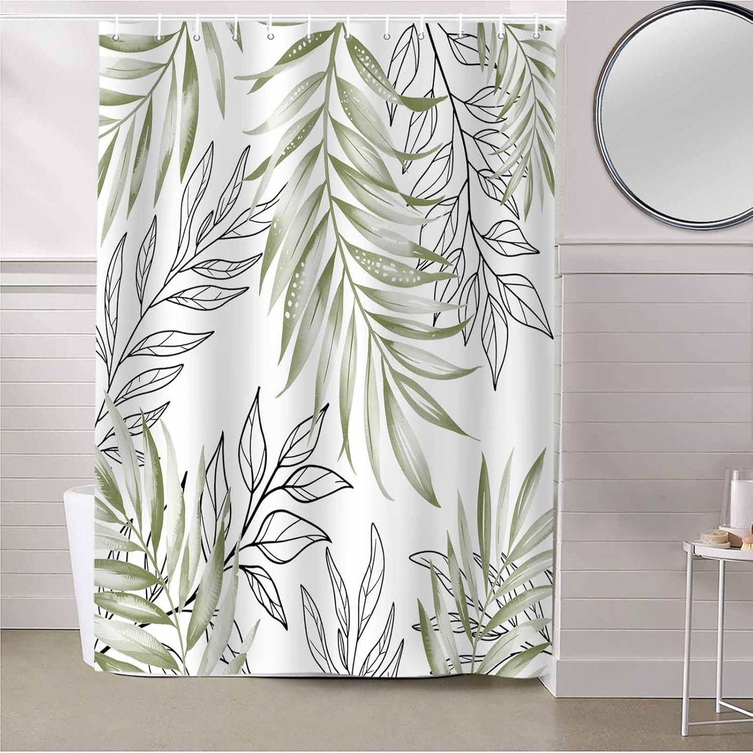 Sage Green Leaves Shower Curtain Set with Hook 66" x 72",Washable Cloth Polyester Fabric Shower+Curtain,Waterproof Bath Curtains for Bathroom,Showers,Bathtubs Decor Geometric Black Lines White Simple