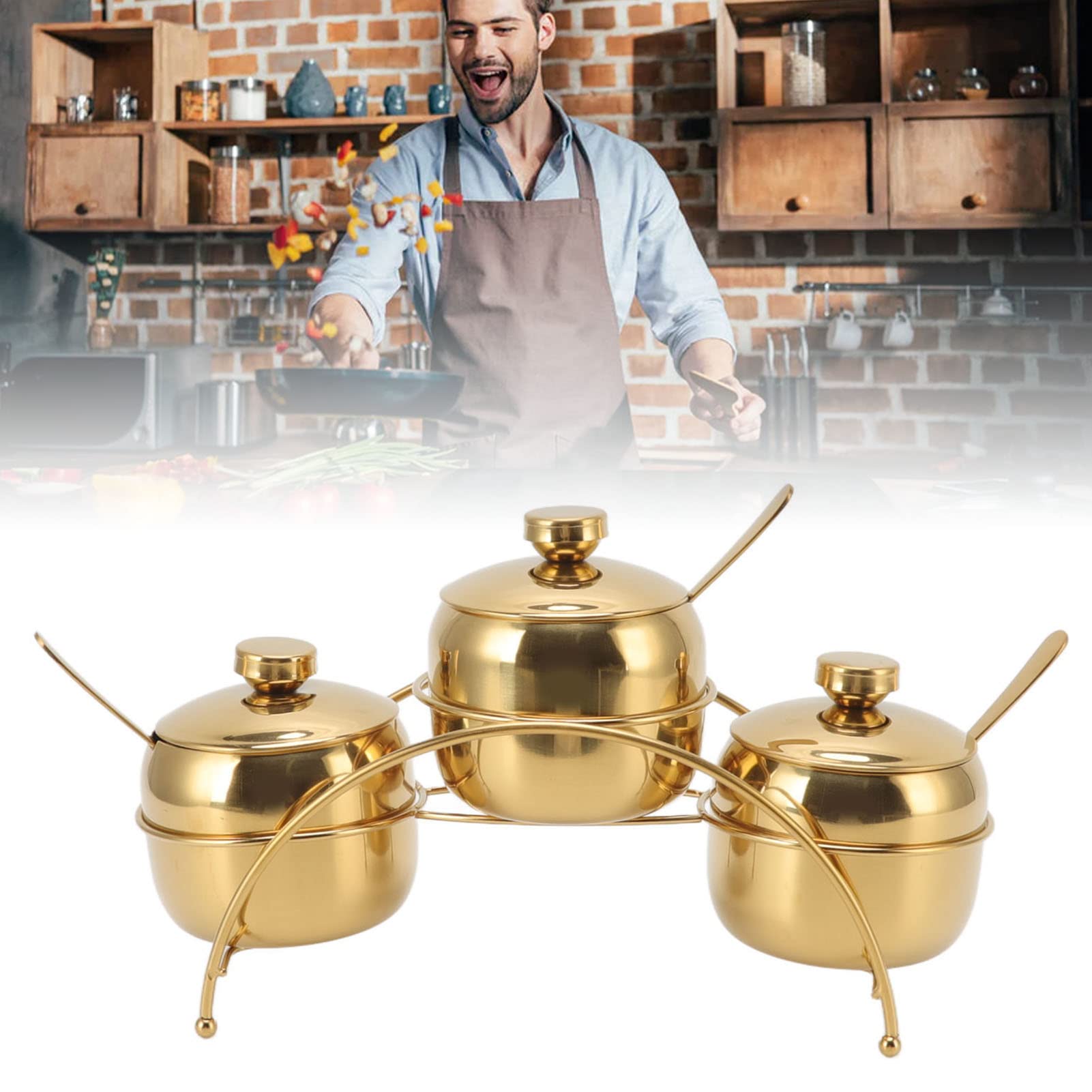Stainless Steel Spice Jar Set, Spice Jar with Lid and Spoon, Spice Salt Sugar Pot, Multi Purpose Kitchen Condiment Jars with Bridge Shaped Rack for Home Kitchen(Gold)