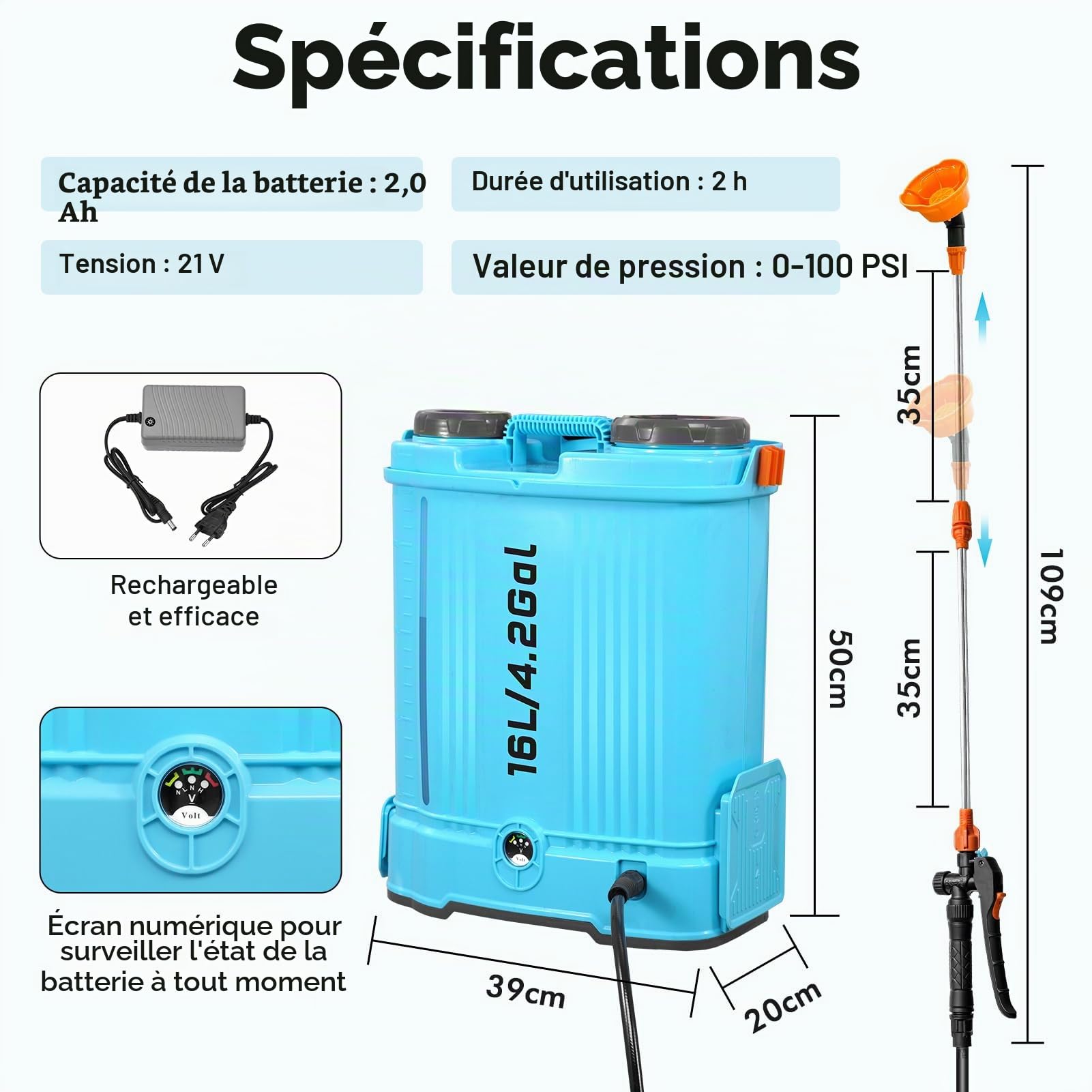Pulvérisateur électrique à Piles 15 L, 21 V avec 6 Buses de brumisation, pulvérisateur de Jardin, pulvérisateur de Mauvaises Herbes, pulvérisateur d'eau avec bandoulière réglable