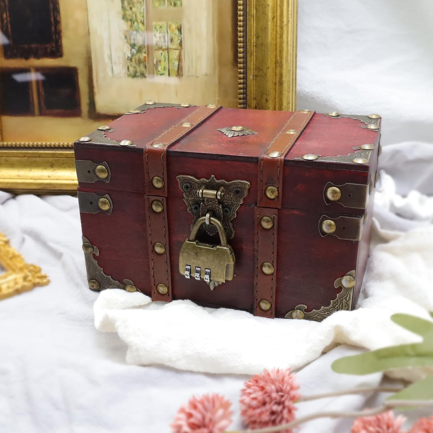 Geesatis Antique Vintage Wooden Storage Box with Combination Padlocks,Wooden Storage Box Decorative for Jewelry Pearl Trinkets Tarot Cards,Pack of 1