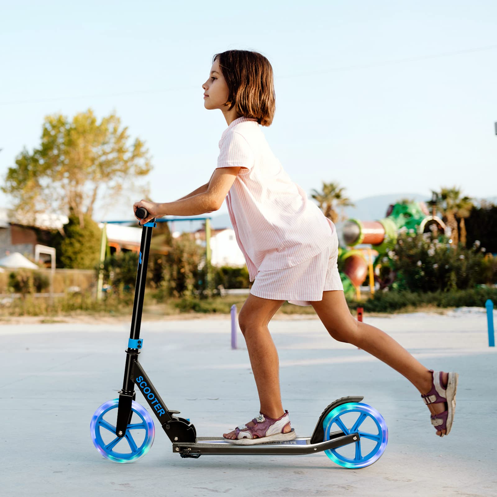 KOMFOTTEU Patinete Plegable para Niños y Adultos, Scooter con Manillar Altura Ajustable en 3 Niveles y 2 Ruedas Luminosas con Freno, Patinete Portátil con Carga de 110 kg
