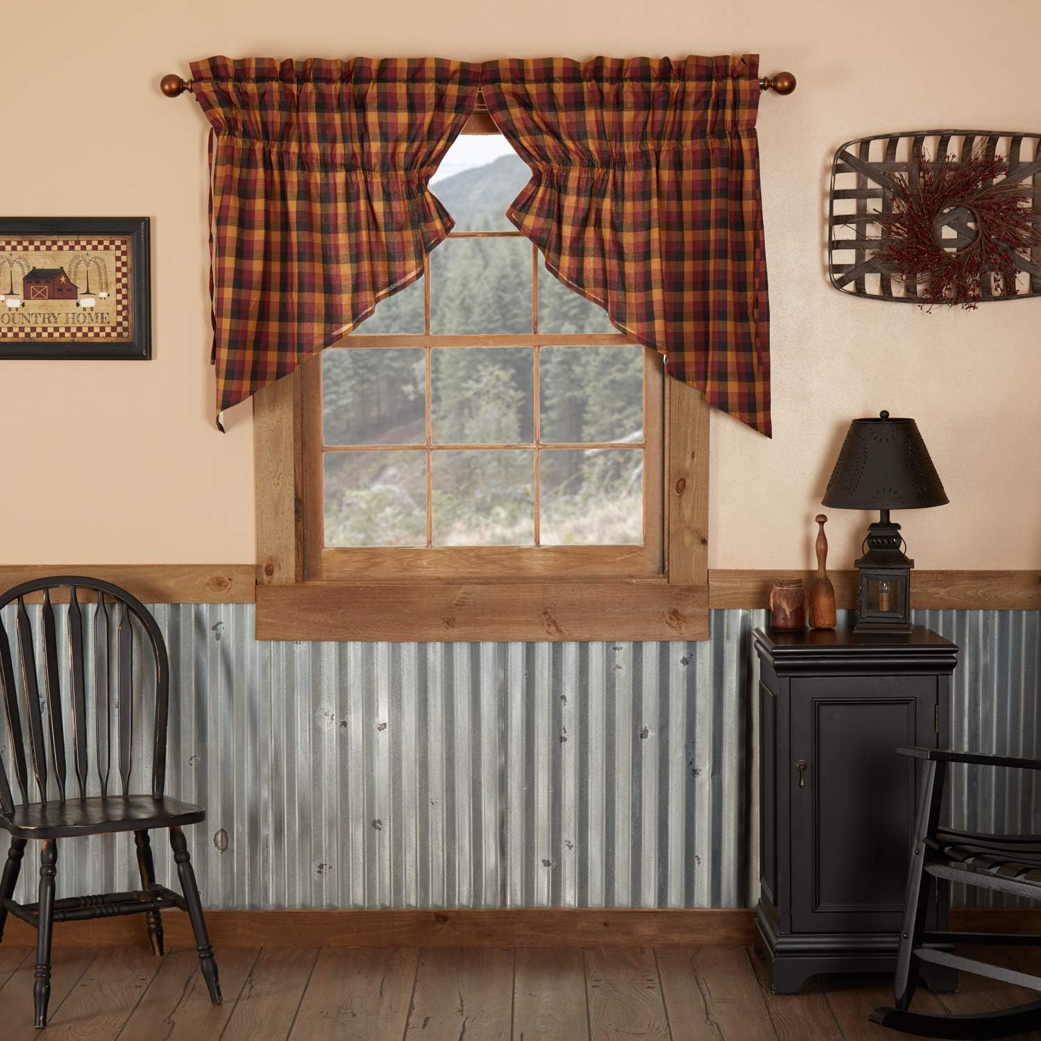 VHC Brands Heritage Farms Window Curtains, Primitive Check Prairie Swag Set of 2 36x36x18