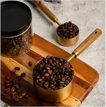 4 Boy Özel Üretim Ağaç Saplı Paslanmaz Çelik Ölçü Kaşığı Kabı Seti - Lüks Şık Doğal Görünüm, Otantik Altın Renk, 60 ml - 80 ml - 125 ml - 250 ml Ölçülerde