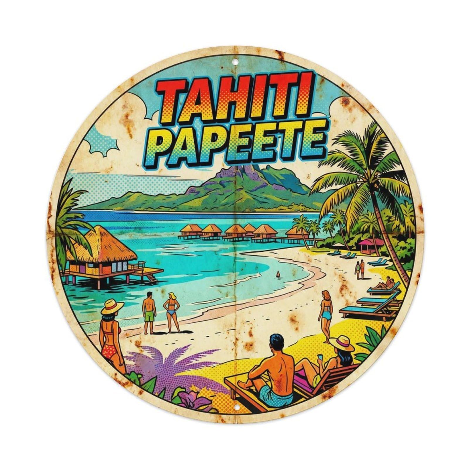 Odgynaw 8X8inch(20X20cm) Tahiti Papeete Tropical Island Retro Graphic Metal Tin Sign