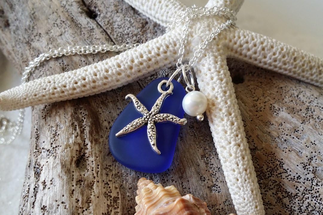 Handmade cobalt blue sea glass necklace, Natural pearl, sea starfish charm, (Hawaii Gift Wrapped, Customizable Gift Message)