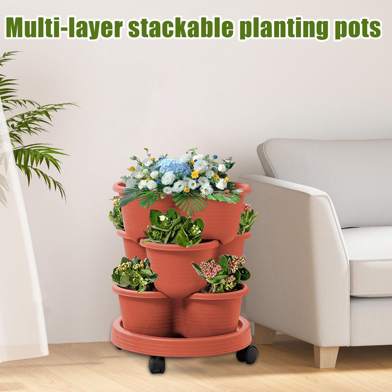 Fioriera verticale da giardino – Vaso a 3 livelli con ruote rimovibili, strumenti per verdure, fragole, fiori, interni, cucina, giardino, patio
