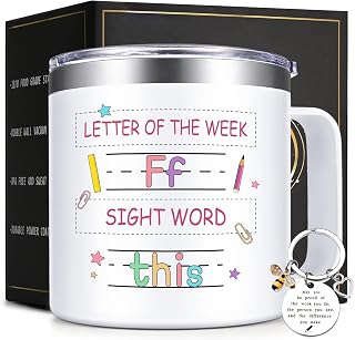 Lifecapido Daycare Teacher Appreciation Gifts, Sight Words 14oz Coffee Mug with Keychain, Thank You Birthday Retirement Christmas Teacher Appreciation Gifts for Preschool Daycare Teachers, White