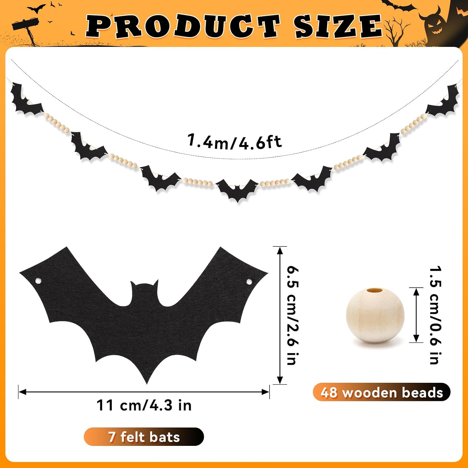 4.6 ft Halloween Decoration Garland, Wood Beads Felt Bats Garland Banner, Halloween Farmhouse Indoor Banners Decor for Fireplace Mental Walls