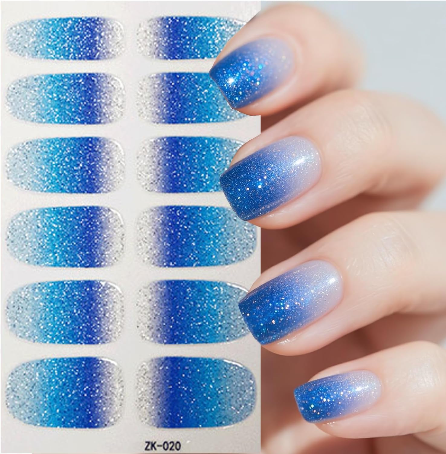 Glitter Gradient Full Nail Wraps Gel Nail Strips 4Sheets Full Cover Nails Wraps Gradient Silvery Pink Blue Self Adhesive Nails Polish Strips Stickers for Women DIY Manicure Nail Art Decorations