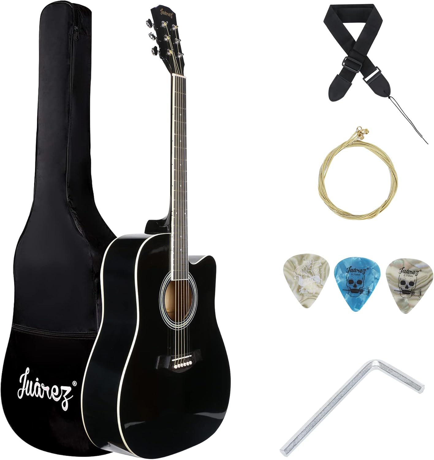 Juârez 38" Cutaway Acoustic Guitar with Bag, Strings, Plectrum and Strap, Black, 41 Inch Kit