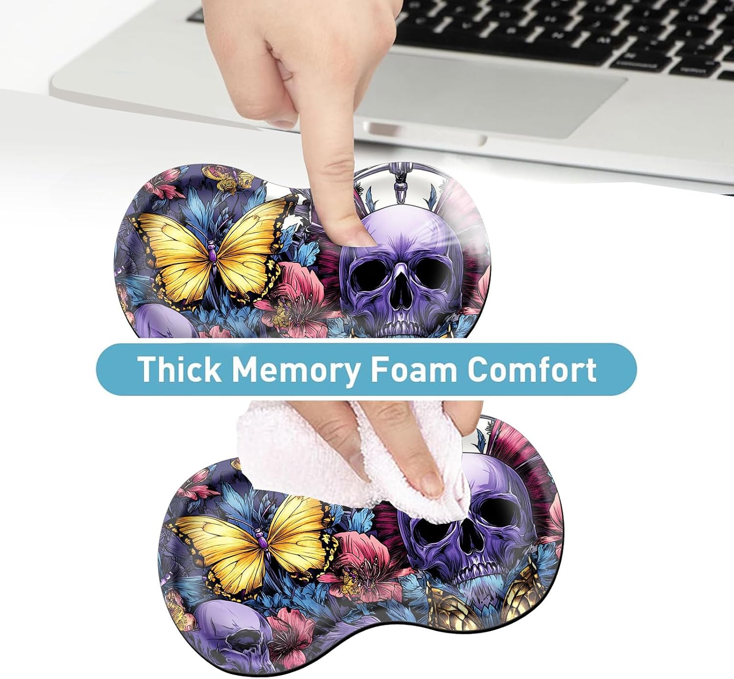 3-in-1 Ergonomic Desk Set: Stitched Edge Large Gaming Mouse Pad with Wrist Rest & Coasters, Anti-Slip Rubber Base for Office & Home, Skull with Butterflies Floral
