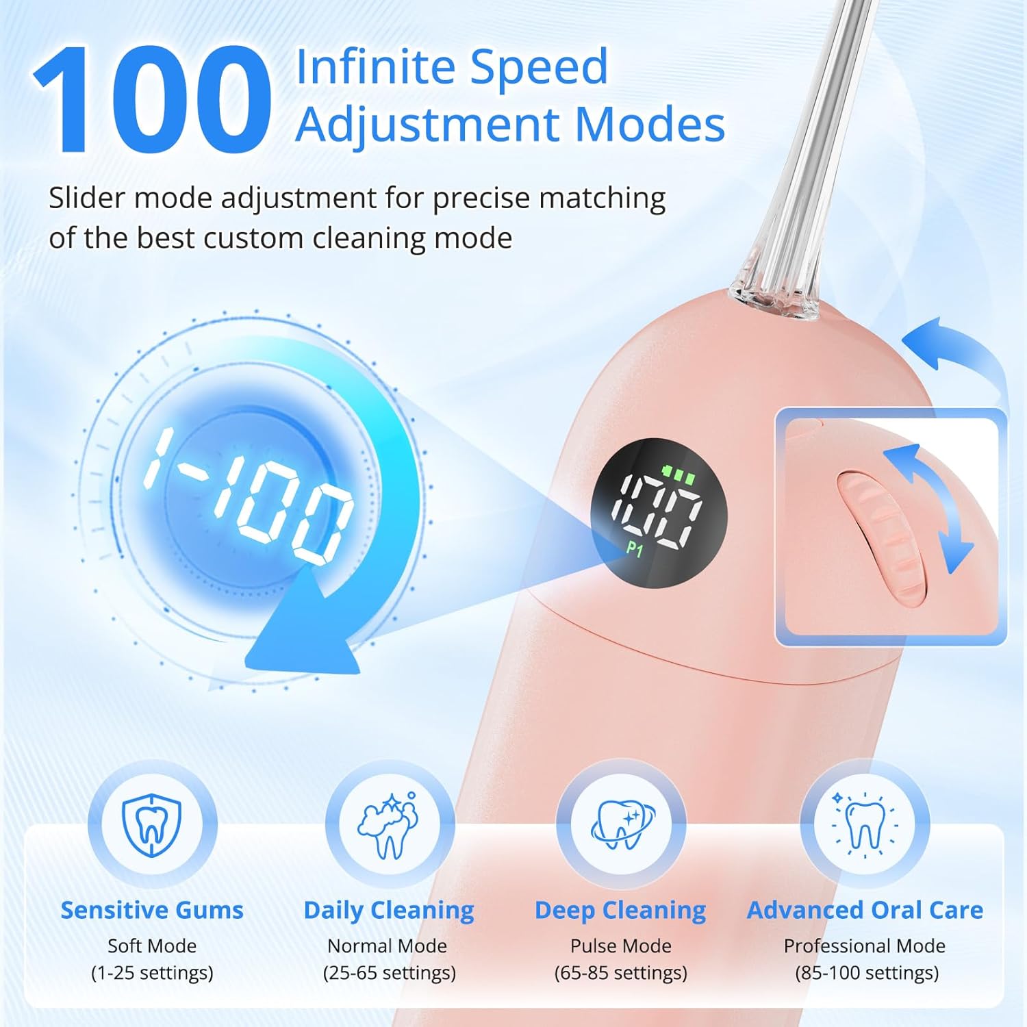 Cordless Water Flosser for Teeth Pik, 100 Modes (20-150 PSI Variable Pressure) Portable Electric Floss for Tooth Cleaning and Flossing, IPX7&250ML Dental Floss Pick for Braces Adults Pink