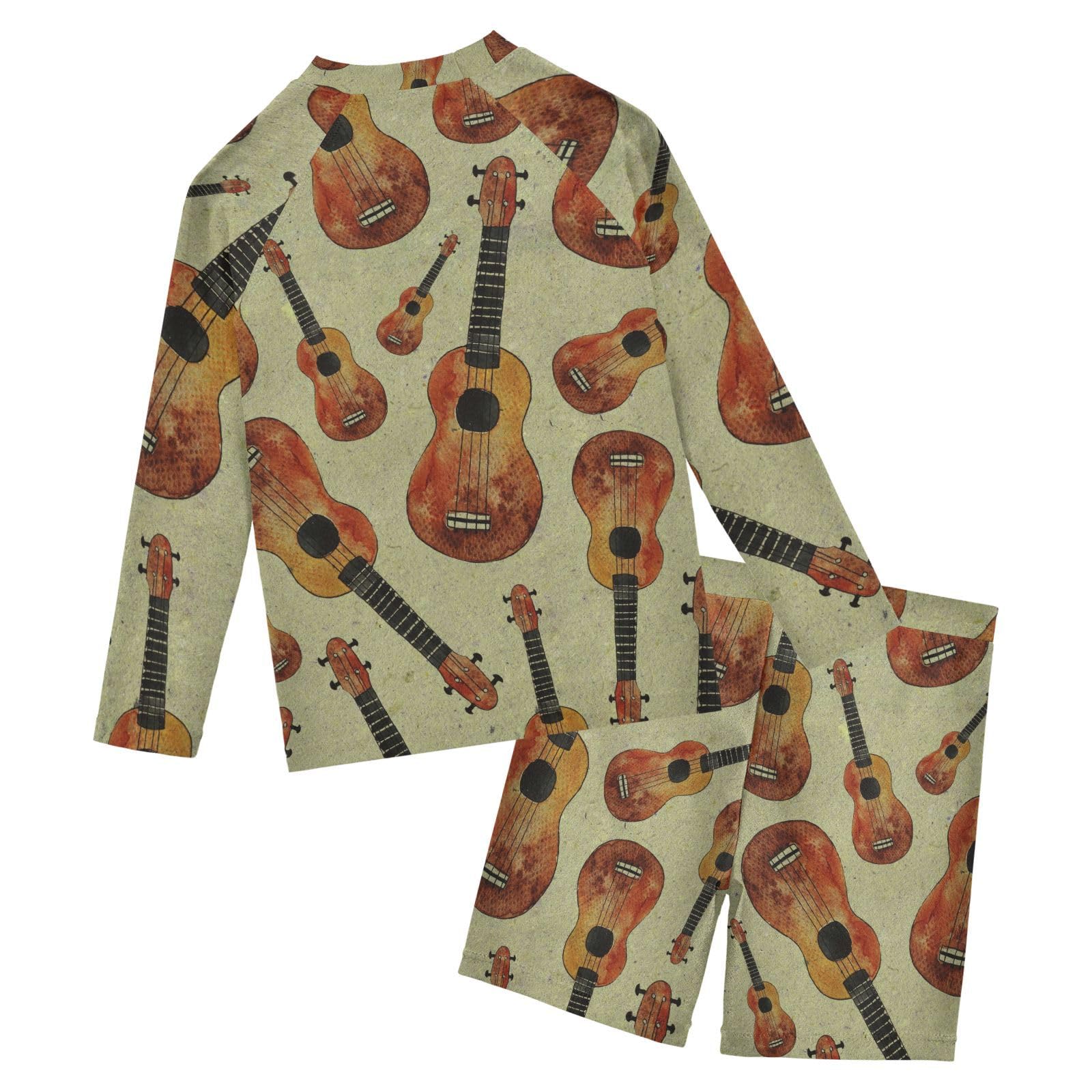 Aflyko Kids' Bathing Suit Set Ukulele Guitar Retro Cute Long Sleeve Swim Tops with Shorts Summer Vacation Pool Party Rashguard Fun Cute Infant Beachwear, 4T Multicoloured