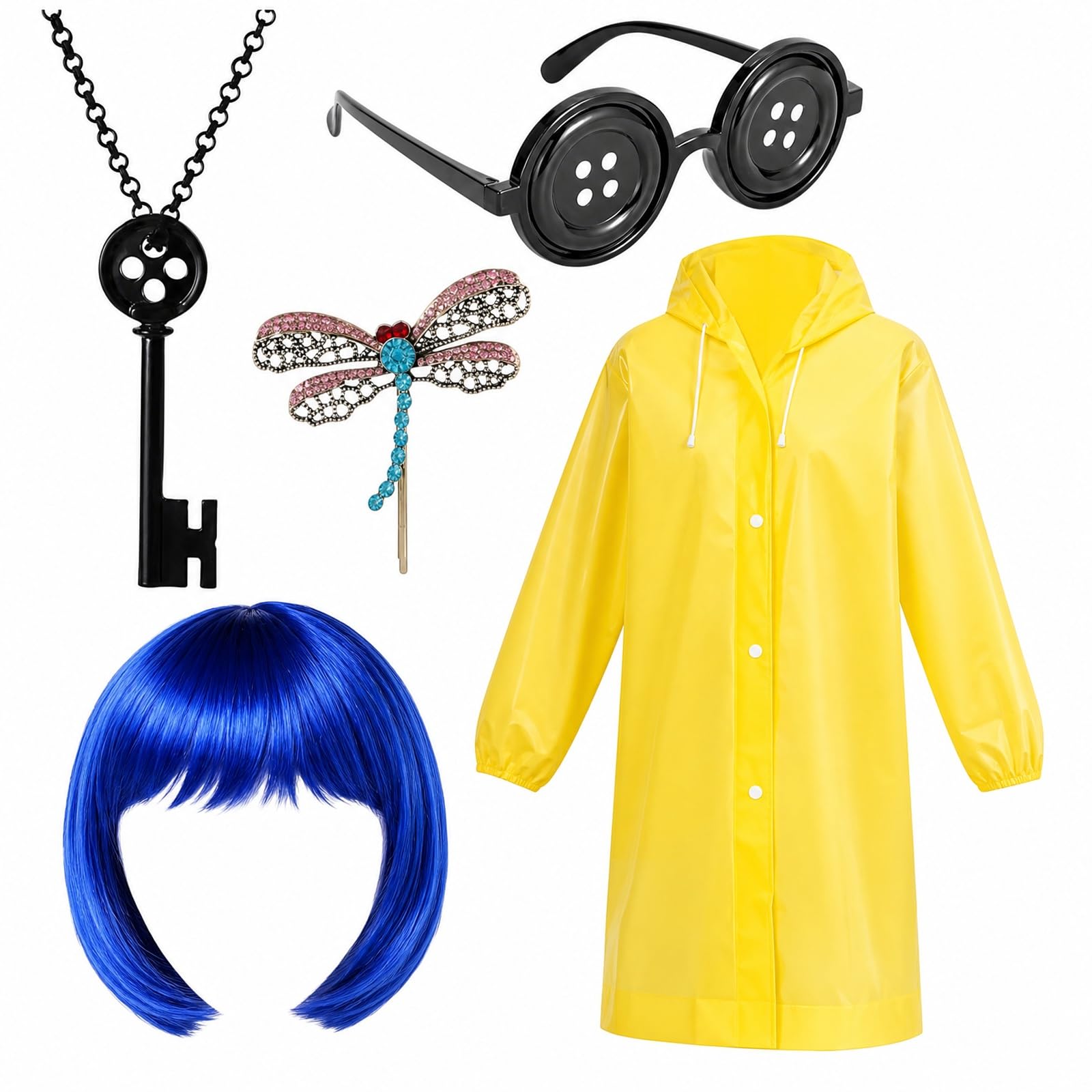 MXHBSTP 5 PCS Halloween Costume, Yellow Raincoat Costume, Blue Wig Glasses Necklace Hair Clip, Character Transformation for Events, Themed Party Participation, Carnival Cosplay Party