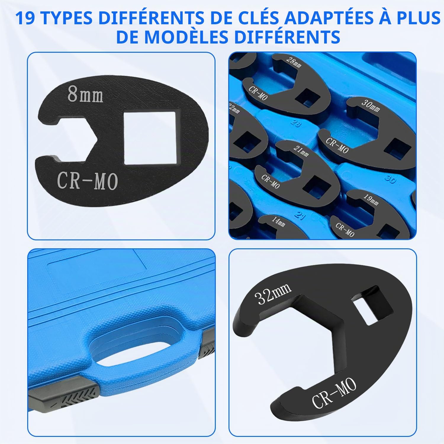 ZKTOOL 19 pièces Jeu de Clés à Écrous Évasés Jumbo à Entraînement 3/8" et 1/2", Outil Métrique Tailles 8 à 32 mm, Jeu de Clés à Écrous Évasés pour Cliquet à Entraînement 3/8" et 1/2"