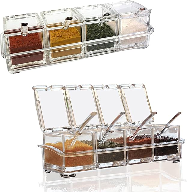 JSUOEO Clear Seasoning Box, Condiment Storage Container Acrylic Seasoning Box Container Condiment Jars with Cover and Spoon for Store Spices Salt Sugar and Condiments 1PCS