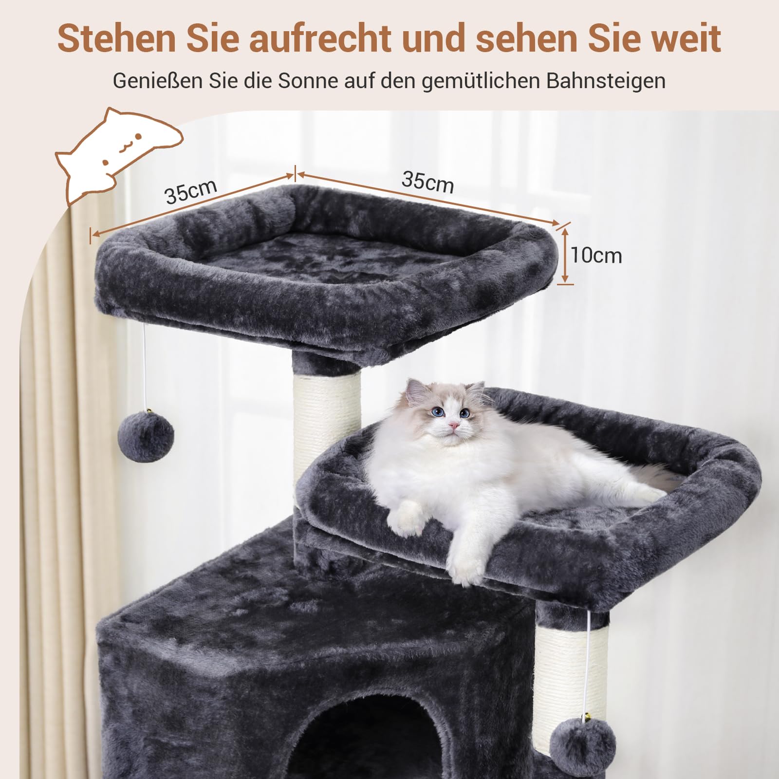 MSmask Rascador grande, 180 cm de alto, árbol para gatos con troncos de sisal, 2 plataformas, 2 cuevas para gatos, cesta, hamaca, árbol rascador para gatos estable, árbol trepador de varios niveles