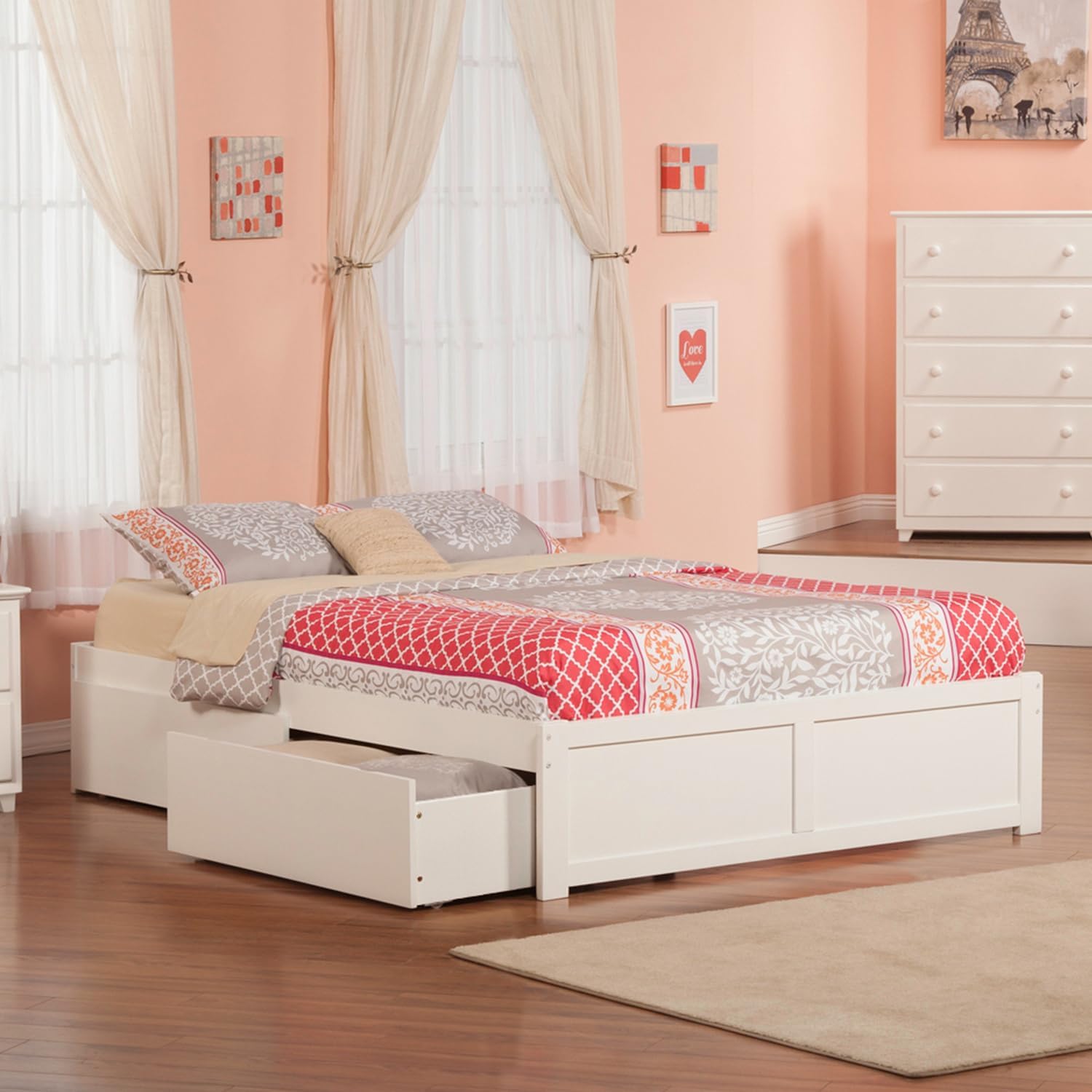 HomeStock Artisanal Abode Platform Bed with Flat Panel Footboard and Turbo Charge, Includes Two Underbed Drawers for Stylish Storage Solutions White/Queen