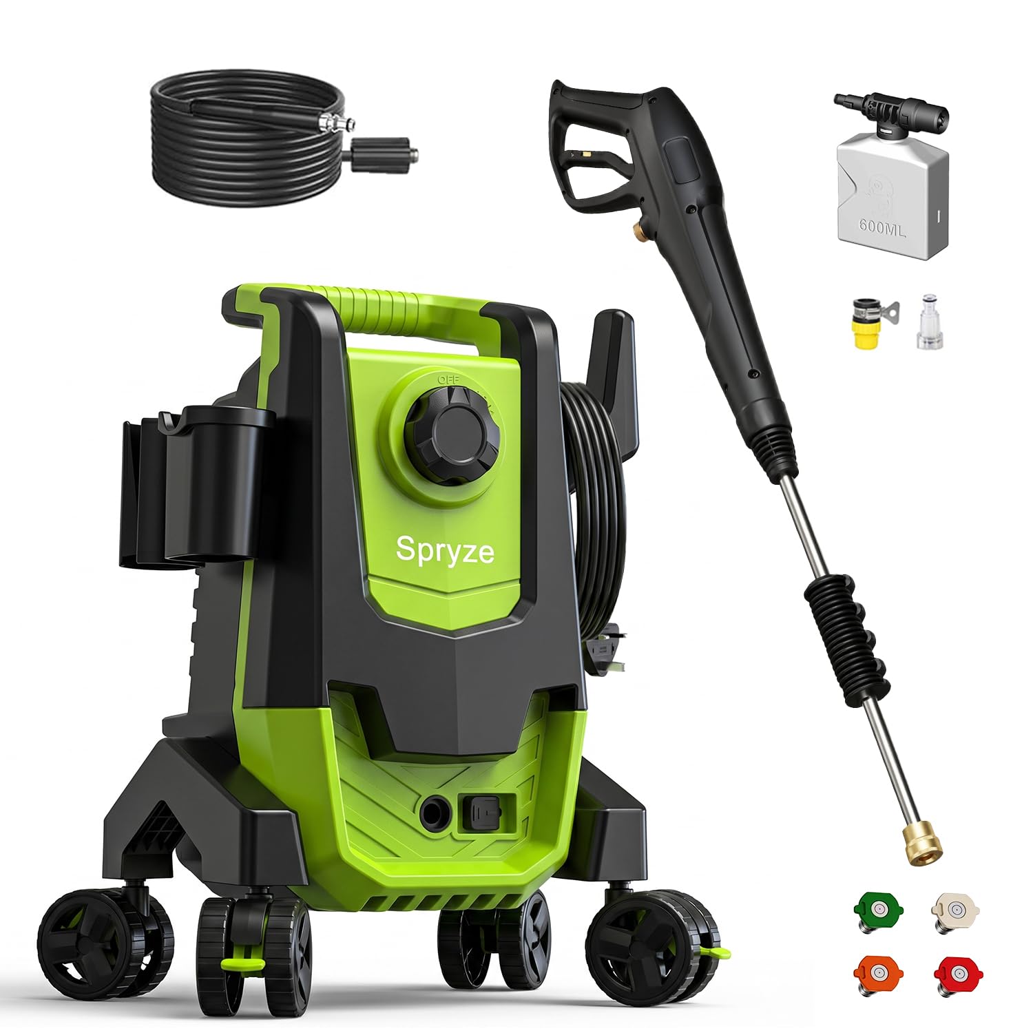 Spryze Electric Pressure Washer, 2000W 160bar 540L/H Jet Washer with 4 Lockable Wheels & Anti-Tipping, 600ml Foam Cannon, 4 Nozzles, 8m Hose & 6m Cord, Compact Easy-Carry for Car Patio Garden