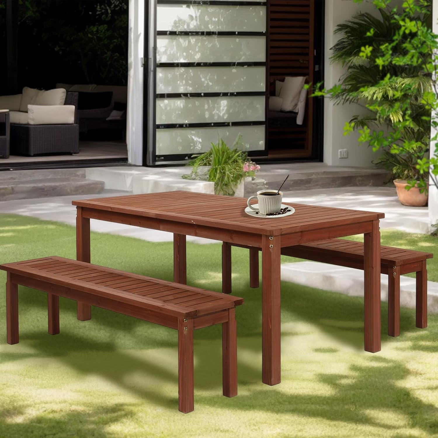 Outvita Patio Wood Bench, 62" Long Loveseat with Stable Wood Frame, 2-Person Backless Bench w/Slatted Seat, Indoor Outdoor Dining Bench for Backyard, Poolside, Entryway, Porch