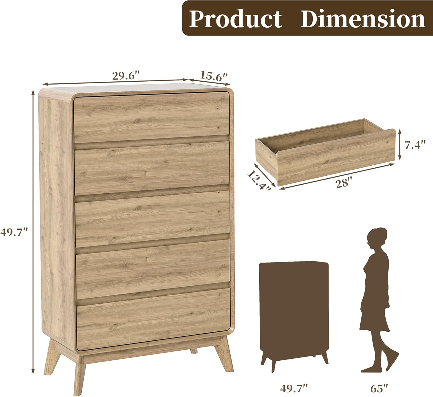 50" Tall Dresser for Bedroom, Vertical Dressers with 5 Drawers and Curved Profile Handleless Design, Chest of Drawers with Natural Texture for Living Room and Entryway,Walnut