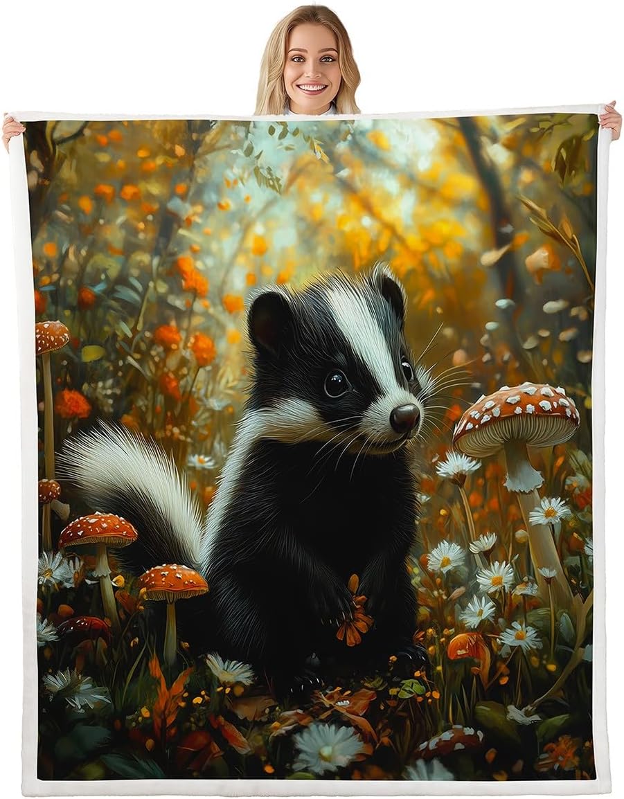 Erosebridal Kids Skunk Sherpa Blanket,Cute Wild Animals Throw Blanket Queen Size Rustic Floral Flannel Blanket for Boys Girls Teens Adult,Country Flower Wildlife Fleece Blanket Decorative Sofa Couch
