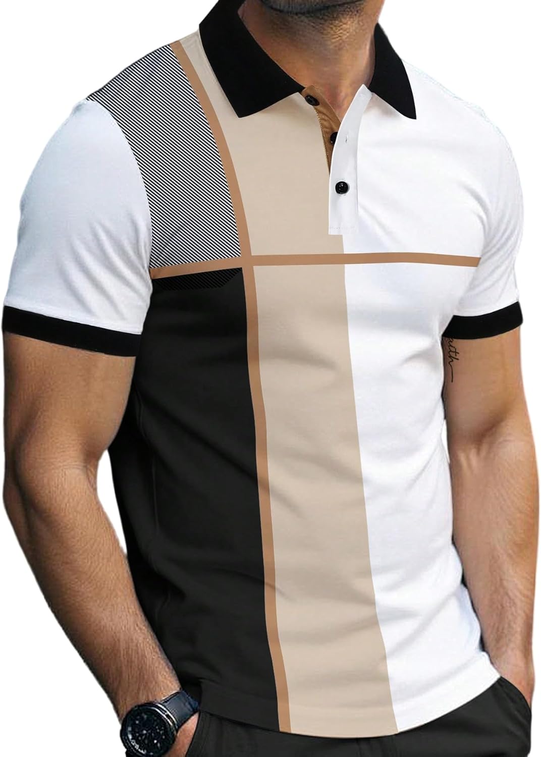 SOLY HUX Men's Short Sleeve Golf Shirts Color Block Classic Collared Tshirts Work Tops