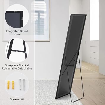 DUMOS Full Length Mirror with Stand Floor Standing Aluminum Frame for Bedroom Body Hanging Leaning Modern Simple Home Decor Shatter-Proorf Nano Glass Wall Living Room Cloakroom Natural Black 59x16