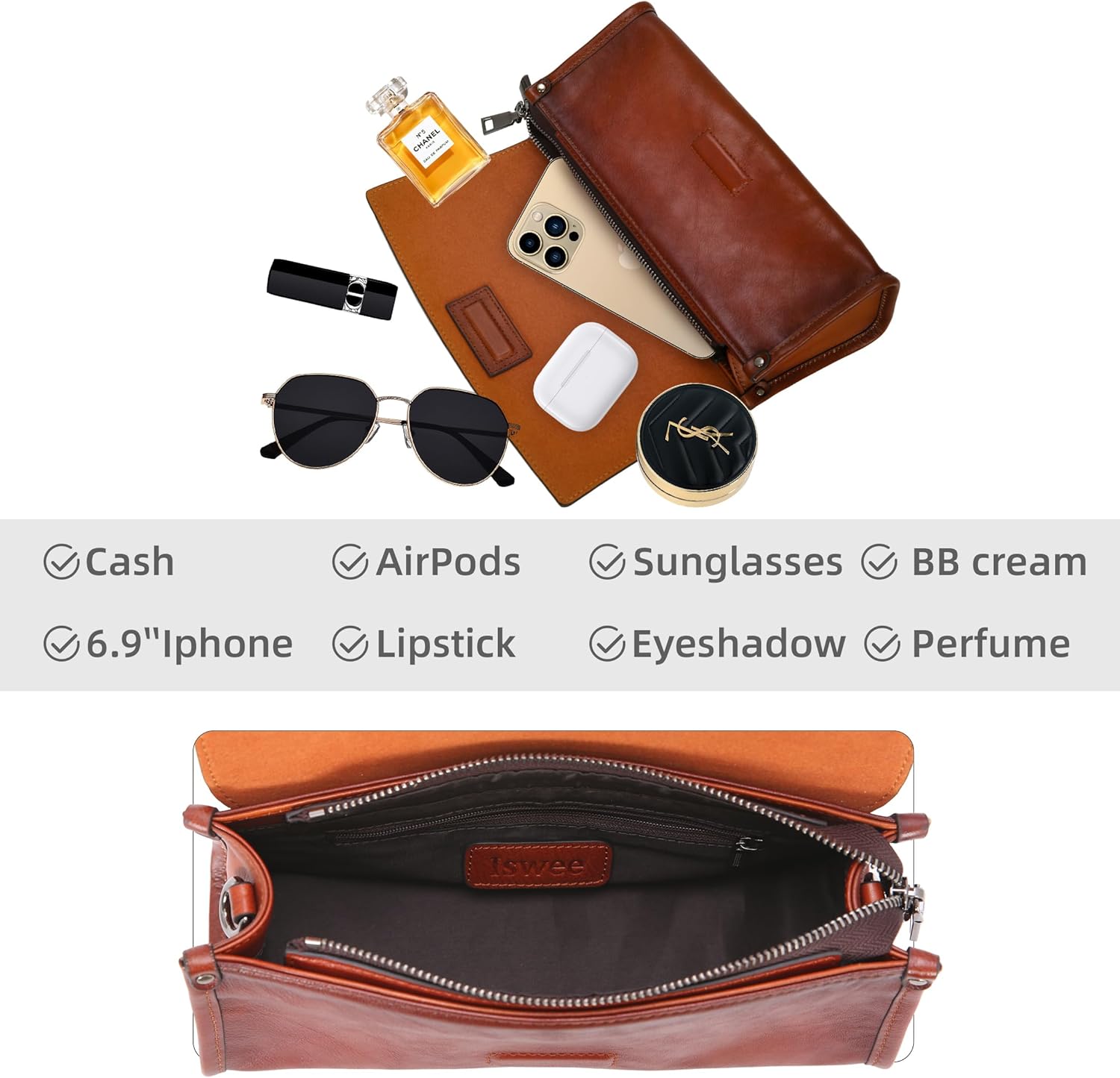 Iswee Leather Purses for Women Crossbody Bag Vintage Flap Saddle Purse Zipper Women’s Shoulder Handbags with 3 Straps - Image 6