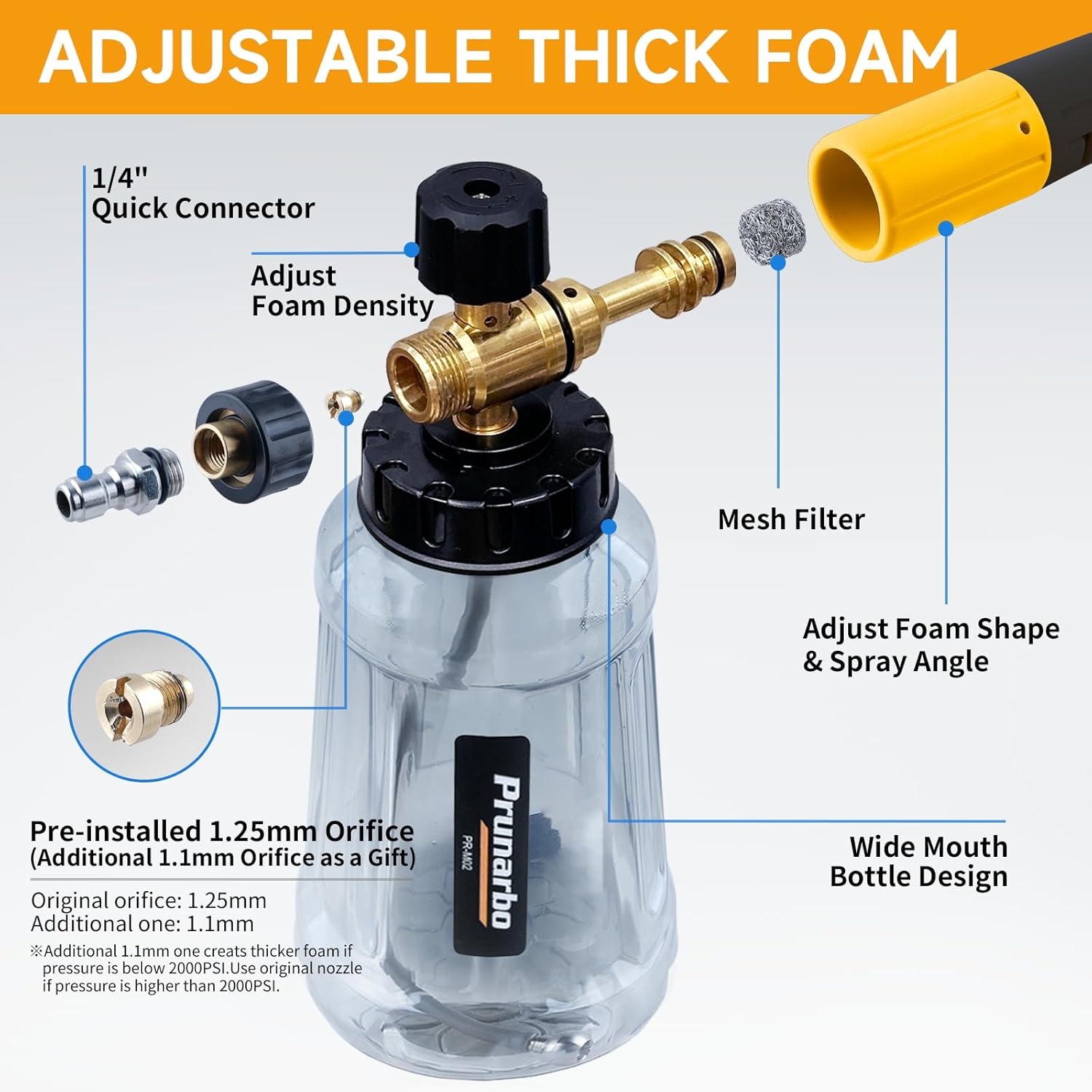 Premium Foam Cannon for Pressure Washer, Additional 1.1mm Orifice Wide Mouth Adjustable Thick Foam Lance with 1/4 Inch Quick Connector for Car Boat Truck and Commercial Wash 34 oz