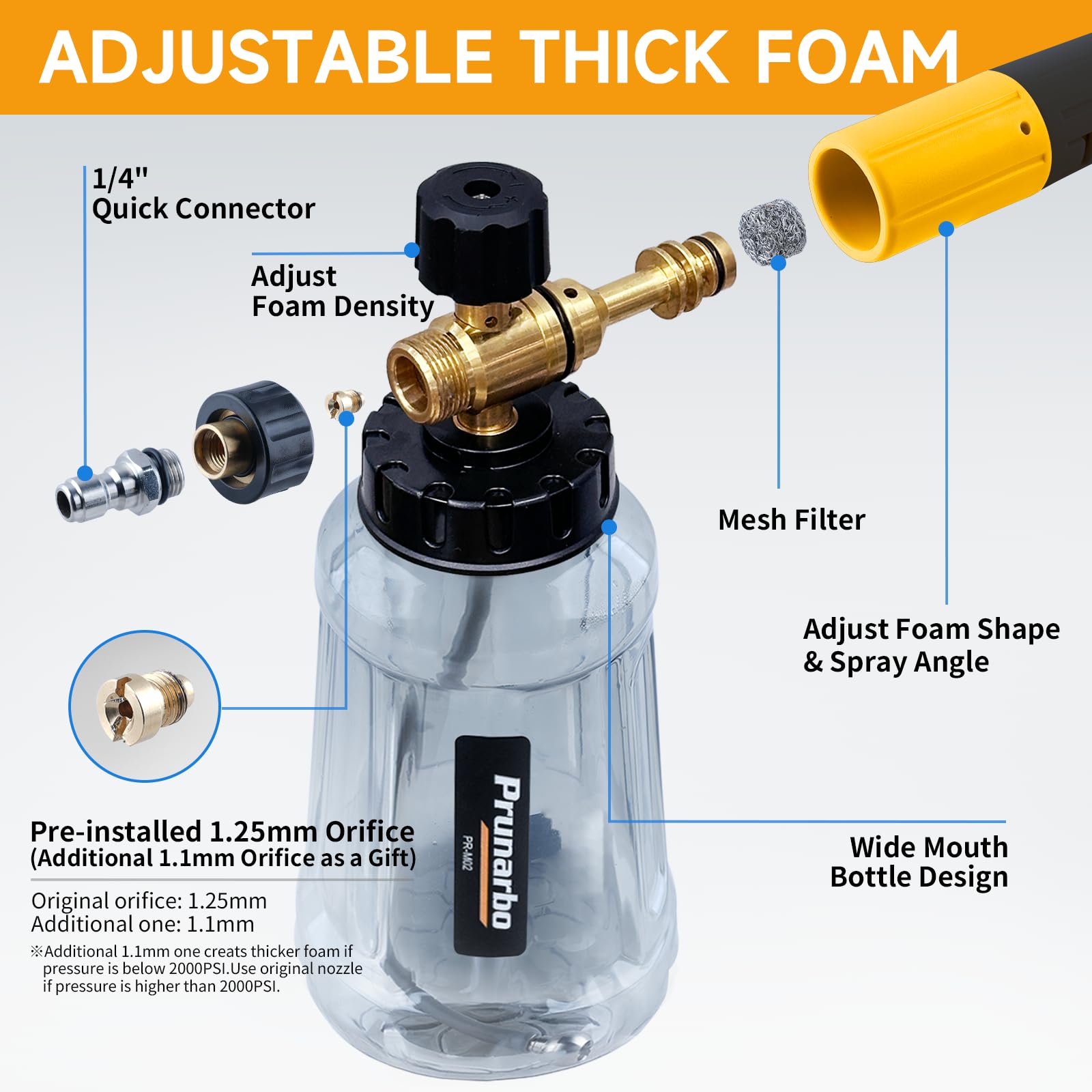Pistolet de nettoyeur haute pression avec canon à mousse, adaptateur de tuyau à montage rapide compatible avec Karcher K2-K7, 5 buses de pulvérisation, bouteille en mousse de 1 L (PR-M02-B)