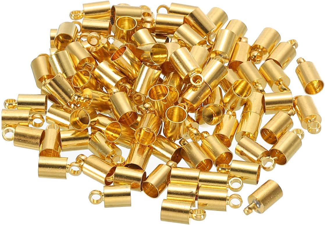 100Pcs Cord End Caps 4mm End Cap Barrel Beads Kumihimo End Caps Brass for Leather Cord, Tassels, Jewelry Making 4.5mm Length Gold