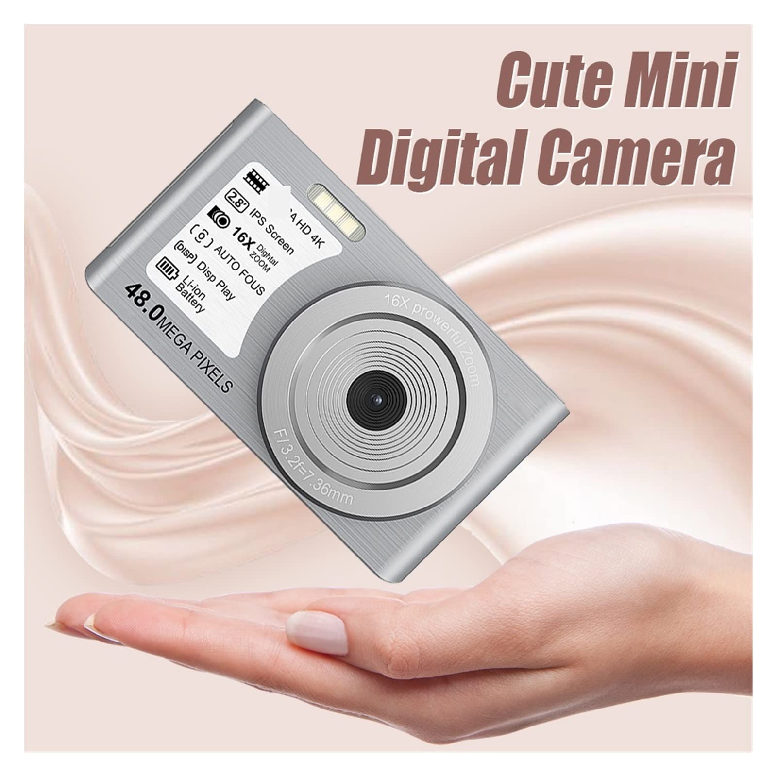 Kamera wideo, Mały aparat cyfrowy 4K 2,8"Ekran IPS 16-krotny zoom Automatyczne ustawianie ostrości Wykrywanie twarzy Samowyzwalacz Vlog Camera 48MP Dla dzieci Fotografia AF(128G TF Card,Nero)