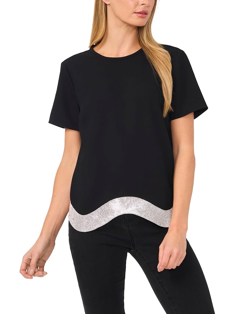 Black CeCe Crew Neck Top with Rhinstone Wavy Hem
