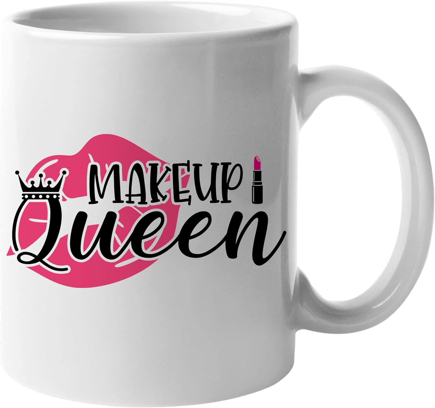 Makeup Queen with Crown, Pink Lipstick & Smooch Design - Beauty Themed Merch for Makeup Artist or Cosmetologist, Gift for Makeup Lovers & Beauticians, White Mug 15oz