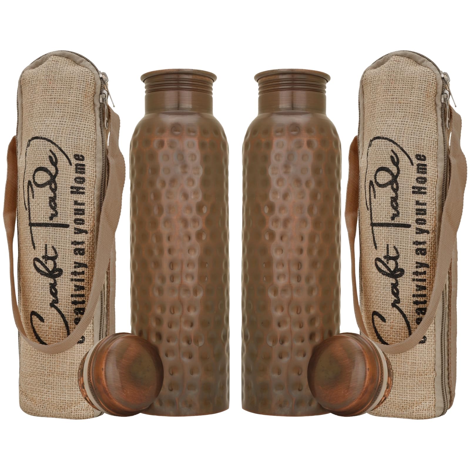 Craft Trade Pack of 2 Pure Copper Bottle with Lid and Carry Bag for Drinking Water BPA Free Leak Proof Boosts Immunity, Supports Digestive & Liver Health, Ayurveda Inspired 34oz - 1 Litre Black