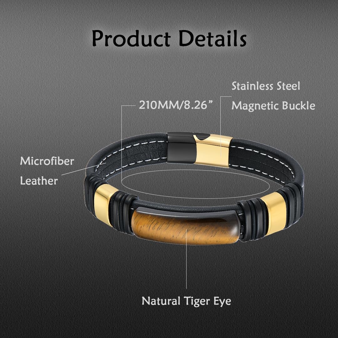 Mens Tiger Eye Bracelets Microfiber Leather Cuff Bracelet for Men Gifts on Father's Day Christmas Anniversary Birthday