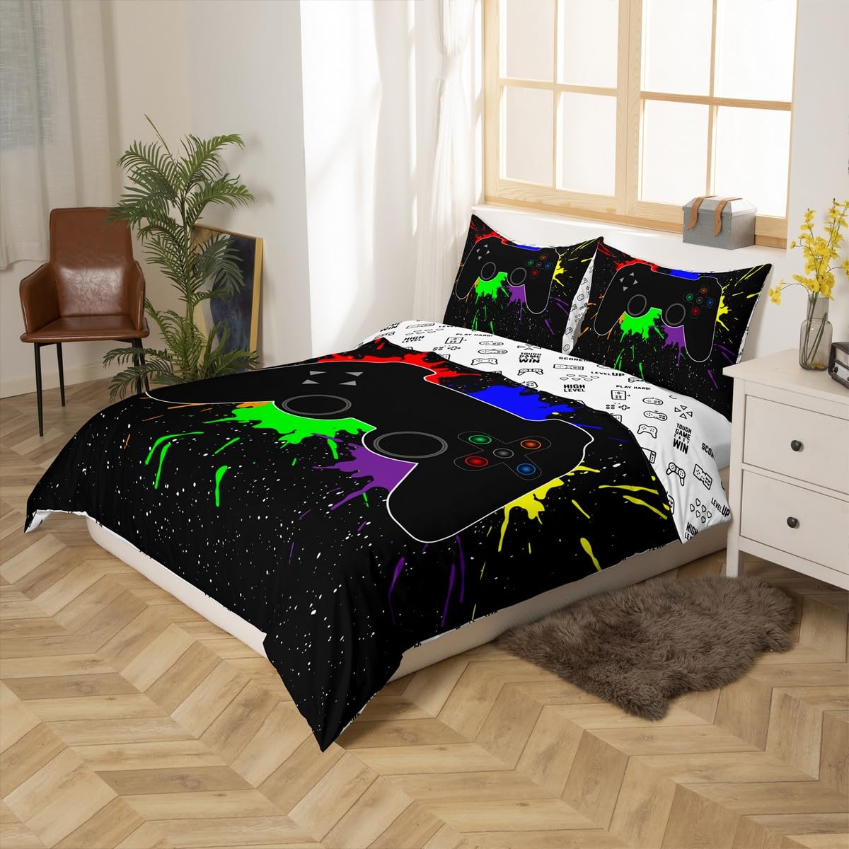Bettwäsche-Set für Jungen, Größe 220 x 240, Bettbezug für Kinderzimmer, Aquarell, Tie Dye Gamer, Bettbezug, Dekoration, Schlafzimmer, 3-teilig, Bettwäsche aus Mikrofaser
