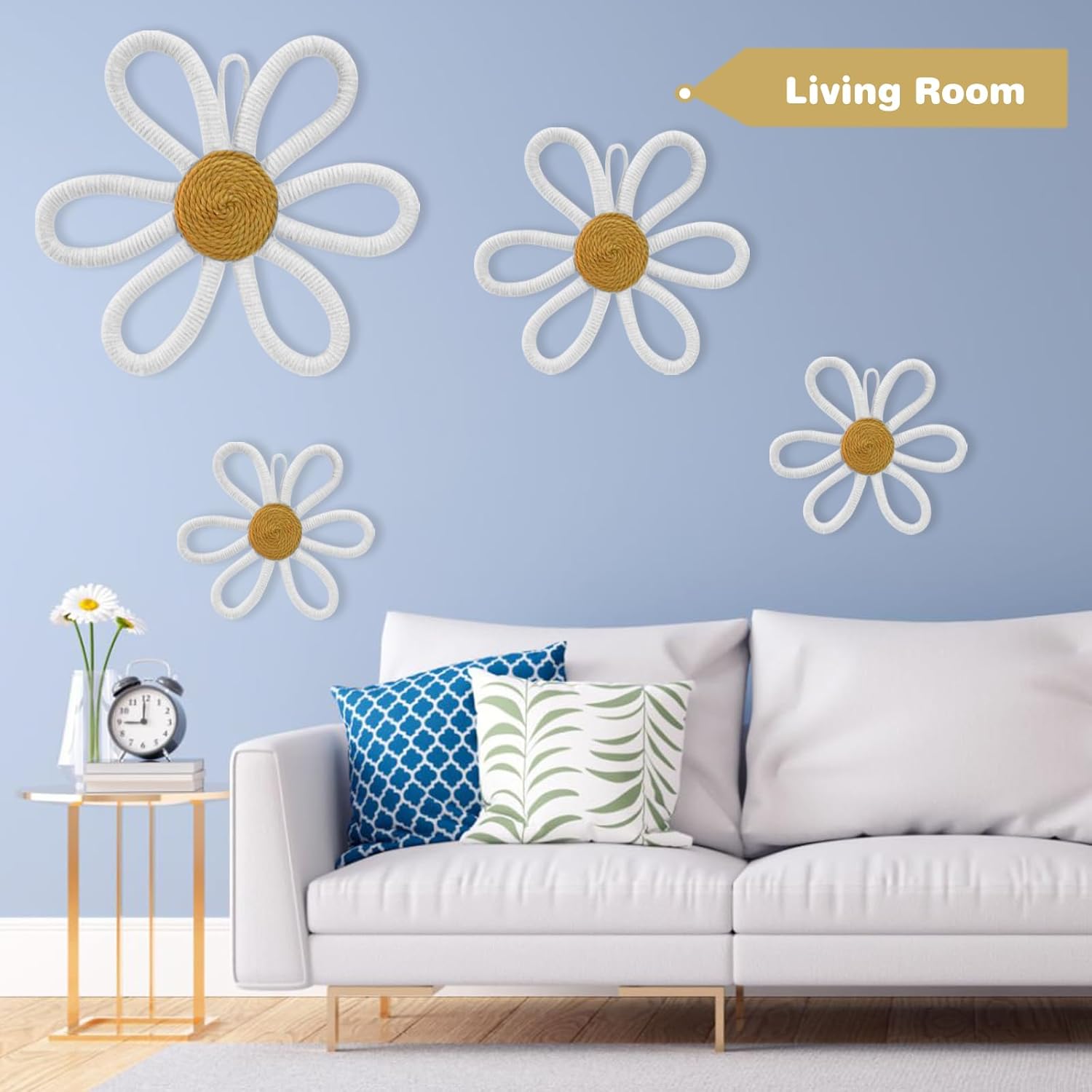 6 Pcs Boho Nursery Daisy Wall Decor, Woven Flowers Wall Hanging Art, White Boho Floral Room Decor with Lanyard for Office, Toddler Baby Little Girls Kids Home Bedroom Above Bed Decorations (White)