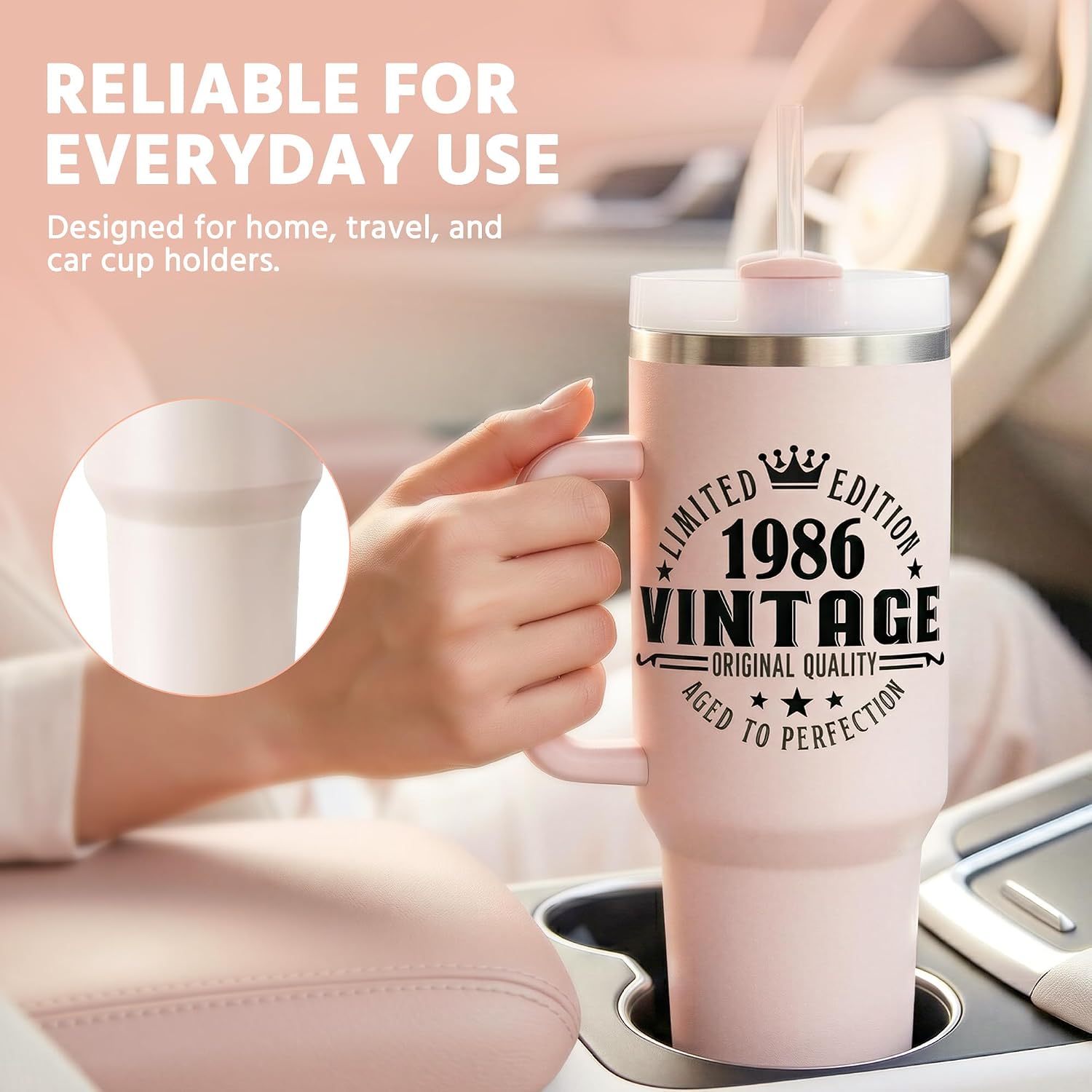 Initial 40 Oz Tumbler with Handle Lid Insulated Travel Cup Women Female Teacher Birthday Holiday Xmas Custom Christmas Initial Letter Present Im Personalized Unique Sorry You Are My Sunshine Gift X