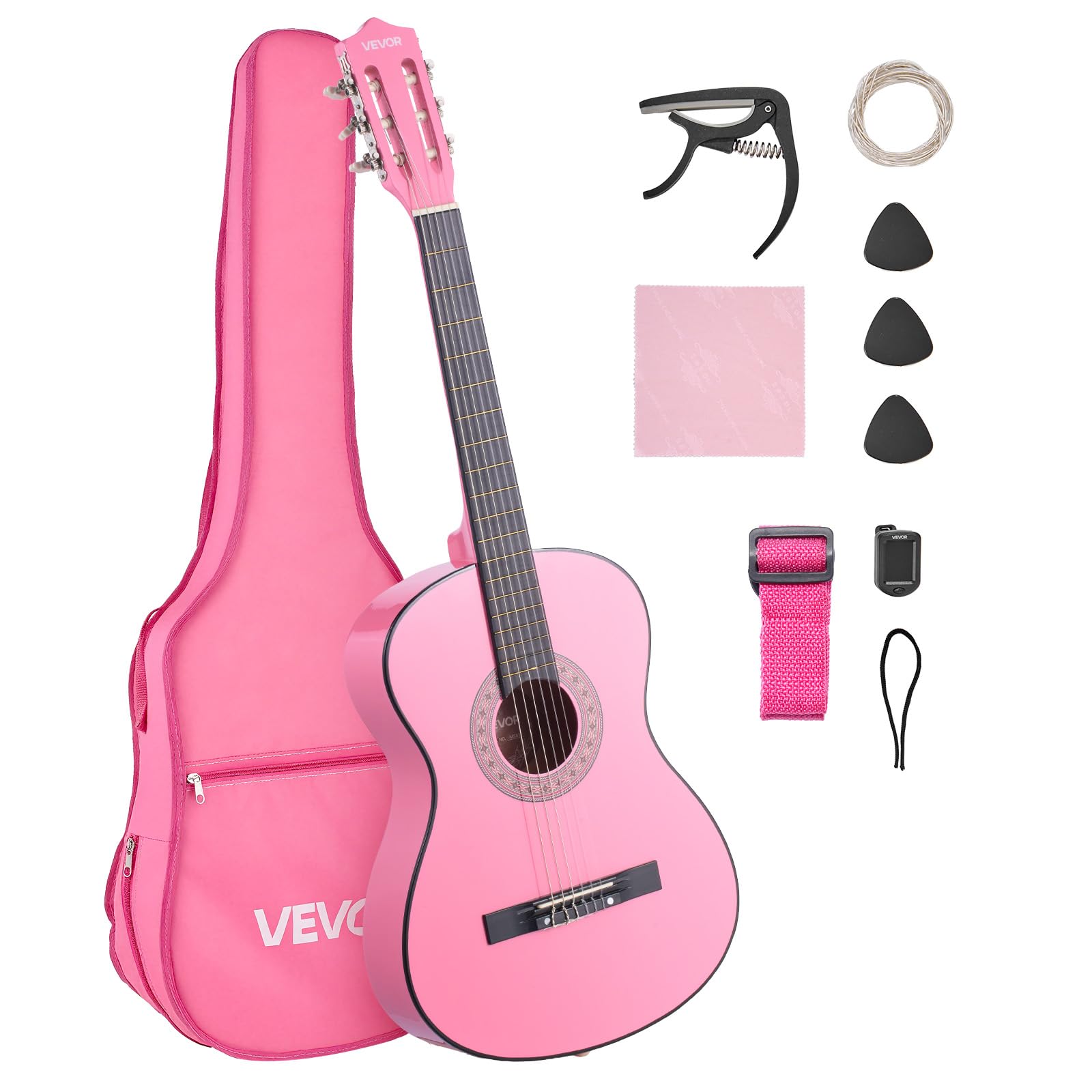 VEVOR Guitarra Clásica, Kit de Guitarra Clásica de Madera de 960 mm con Cuerdas de Nailon, Funda, Correa, Afinador, Cuerdas Adicionales, Púas, Cejilla, Madera de Tilo, para Estudiantes, Rosa