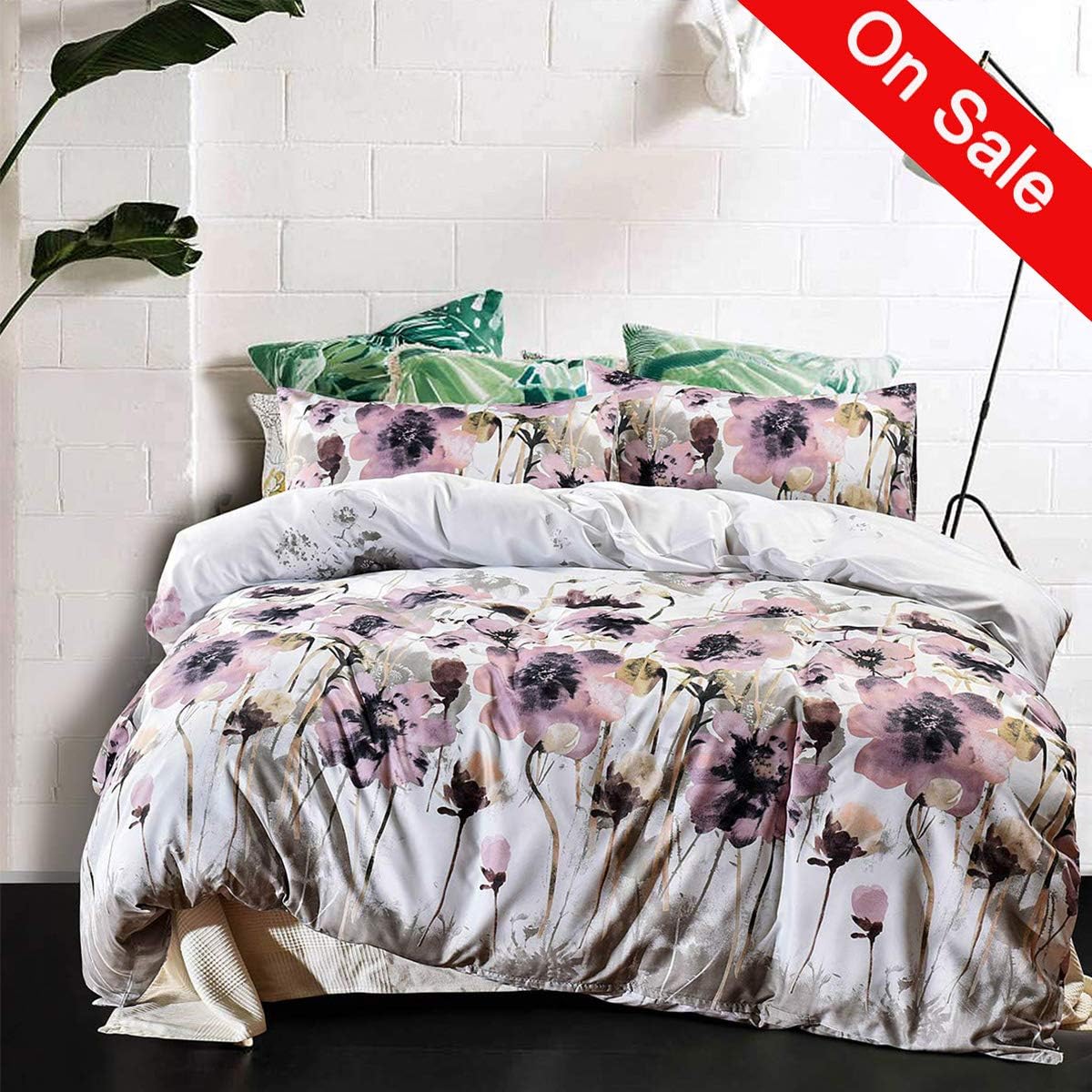 RUIKASI Non-Iron Duvet Cover Floral King Bedding Sets(1 Duvet Cover 104x90 inches+ 2 Pillowcases 20x36 inches), Soft and Easy Care Comforter Cover (King, Pink Floral)