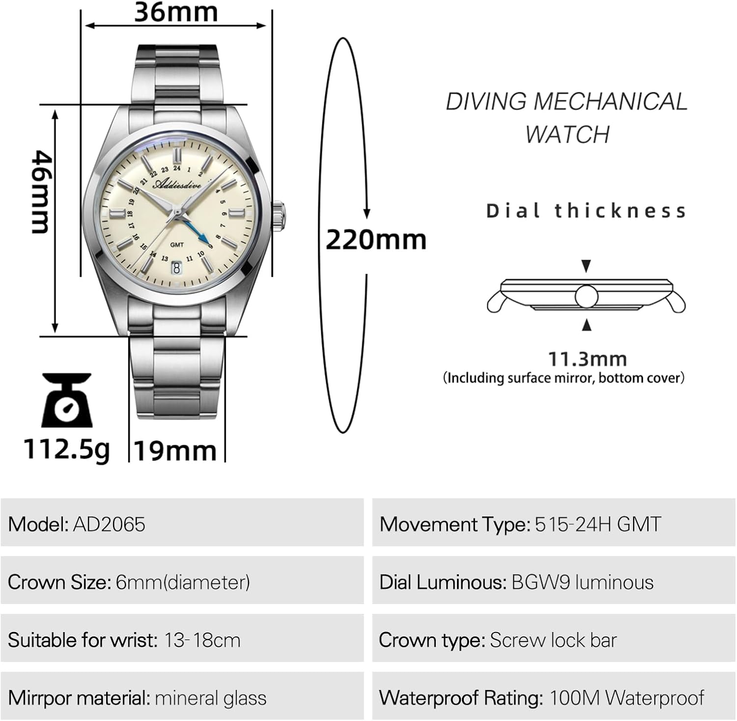 Addiesdive AD2065 36mm 515 GMT Mens Watch Sapphire Crystal Glass BGW9 Luminous 10Bar Water Resistant